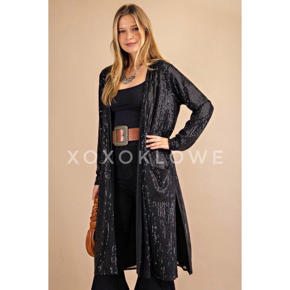 Black Sequin Open Front Duster Long Fully Lined - image 6